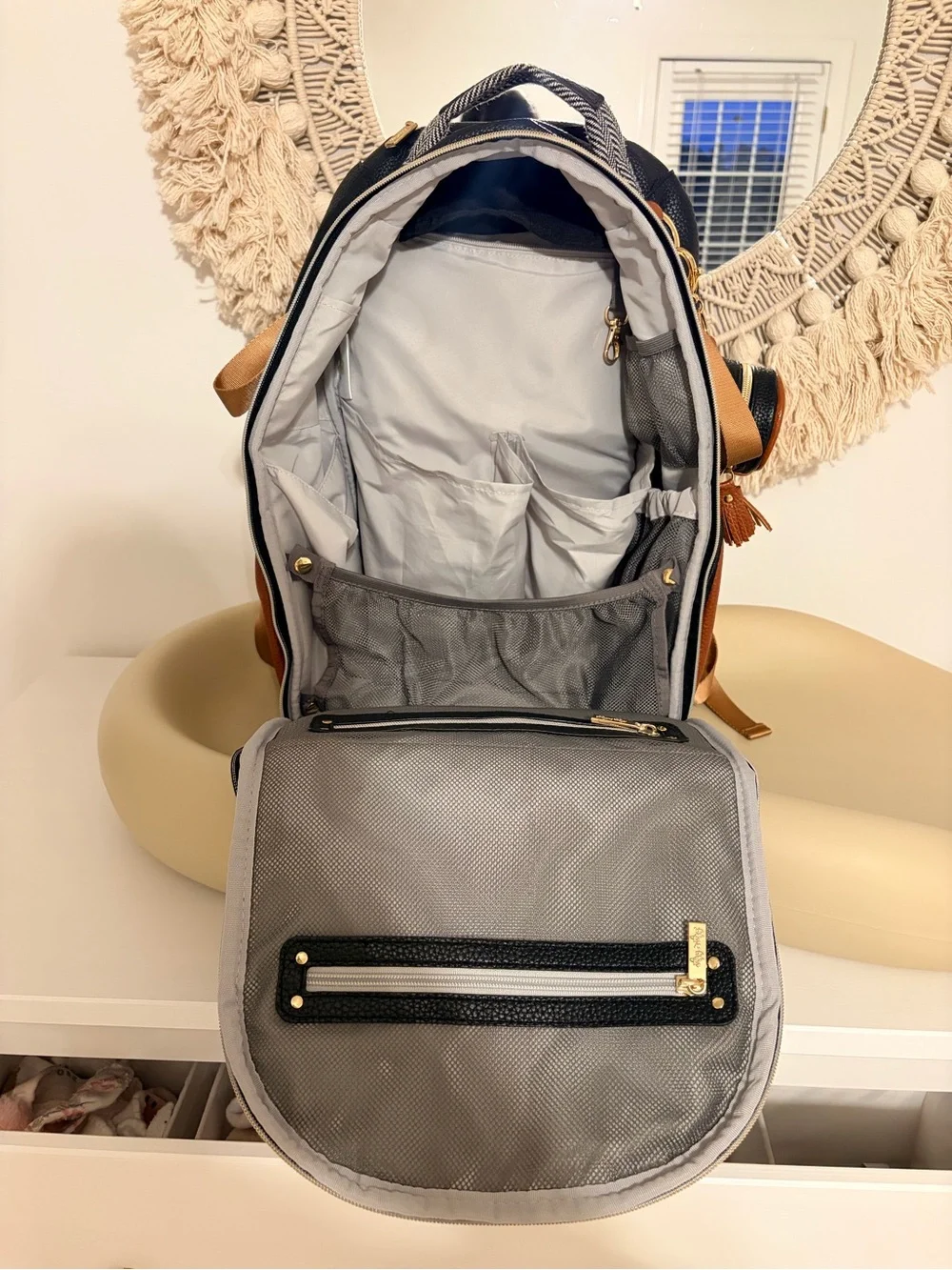 LIKE NEW Itzy Ritzy Boss Bag Leather + Herringbone Diaper Backpack